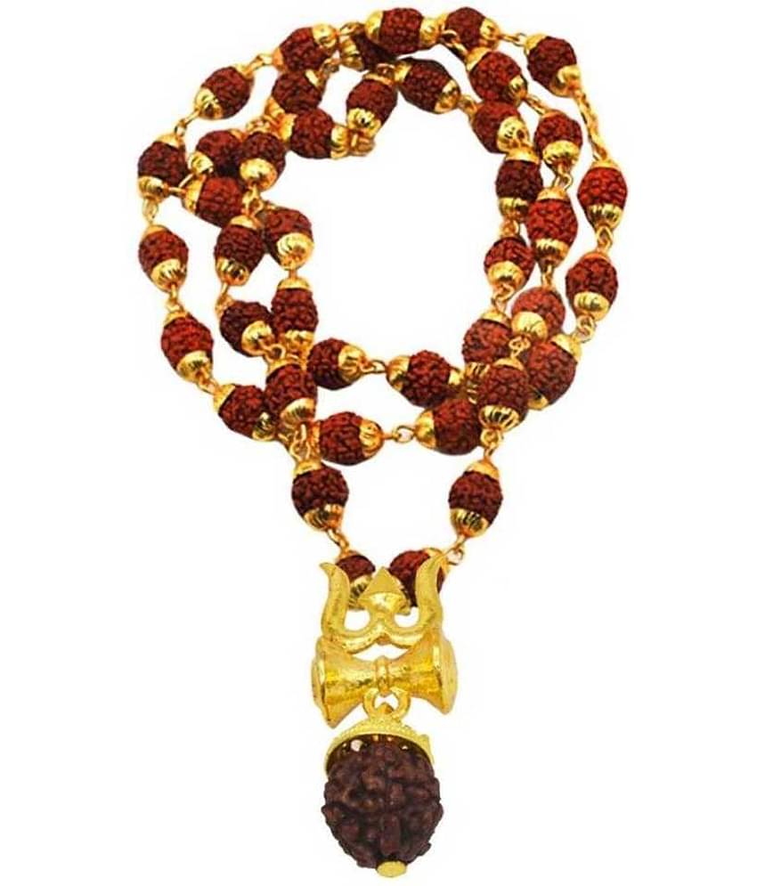 Astrodidi Lord Shiva Rudraksha Trishul Damru Pendant In Panchmukhi Copper Cap Mala