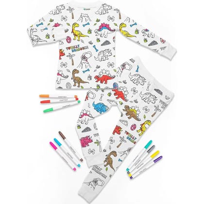 Arni Arts Magic Coloring Pajama Set Top and Bottom with Dinosaur Print and 12 Washable Markers for Kids Age 2 to 3 Years