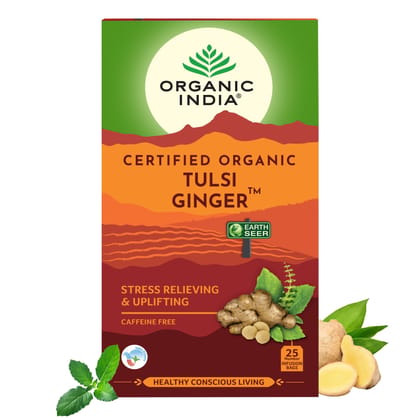 A TATA Product - Organic India Tulsi Ginger - 25 Tea Bags, Rich in Antioxidants, Supports Digestion, Stress Relieving, Helps Boost Metabolism, Caffeine-Free, Whole Herbs Certified Organic