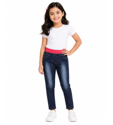 Girl's Denim Ribbed Elasticated Jeans (Red-Blue, 3-4-Yrs)-PID66056