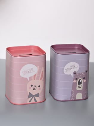 Market99 Money Bank Novelty Toys Set of 2 - Grey & Pink Tin Glossy Finish