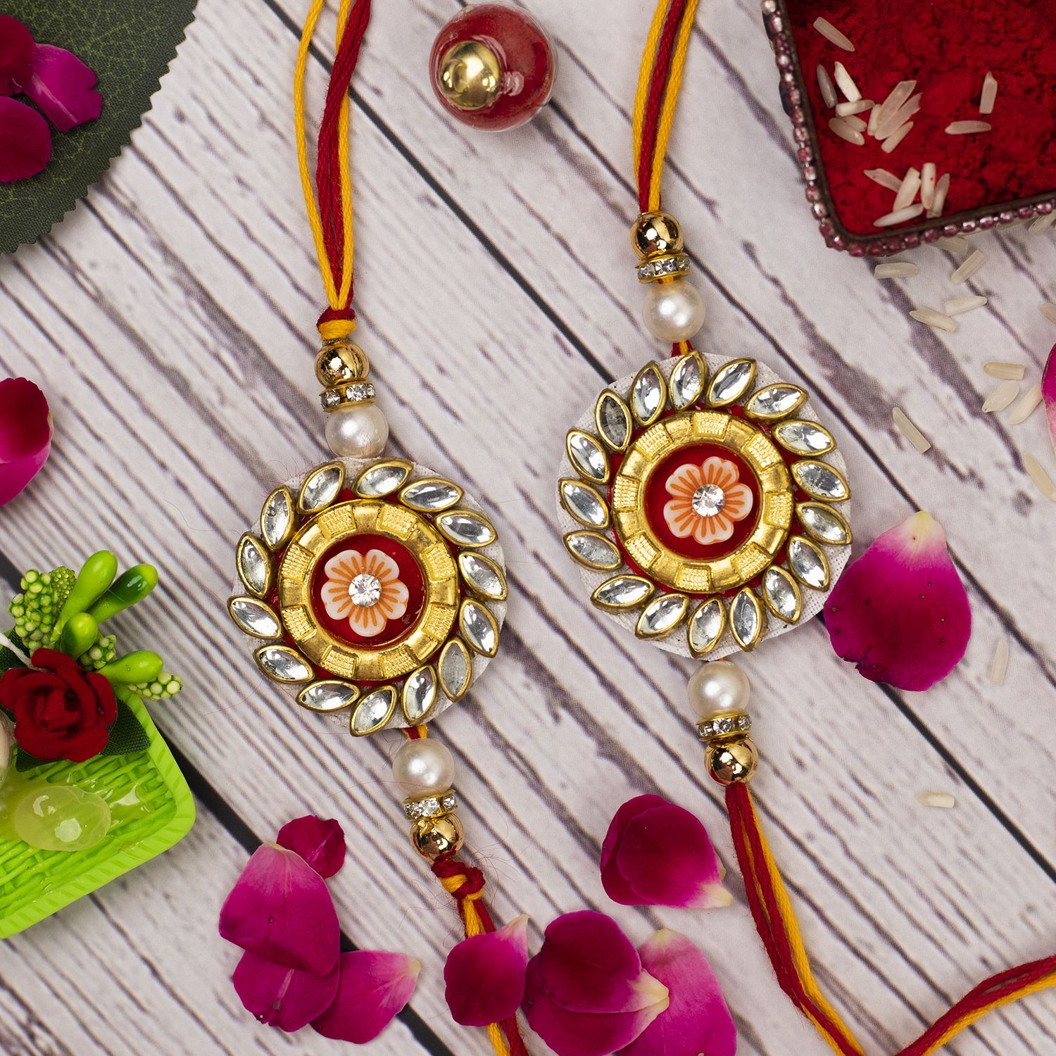 Craftlayout Flower Stone Set Of 2 Handmade Thread Designer Rakhi For Brother