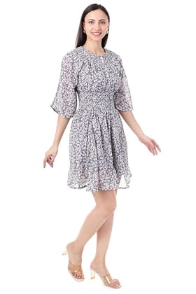 MR ANDERSONS Grey and Pink Floral Print Smocked Waist Dress with Balloon Sleeves