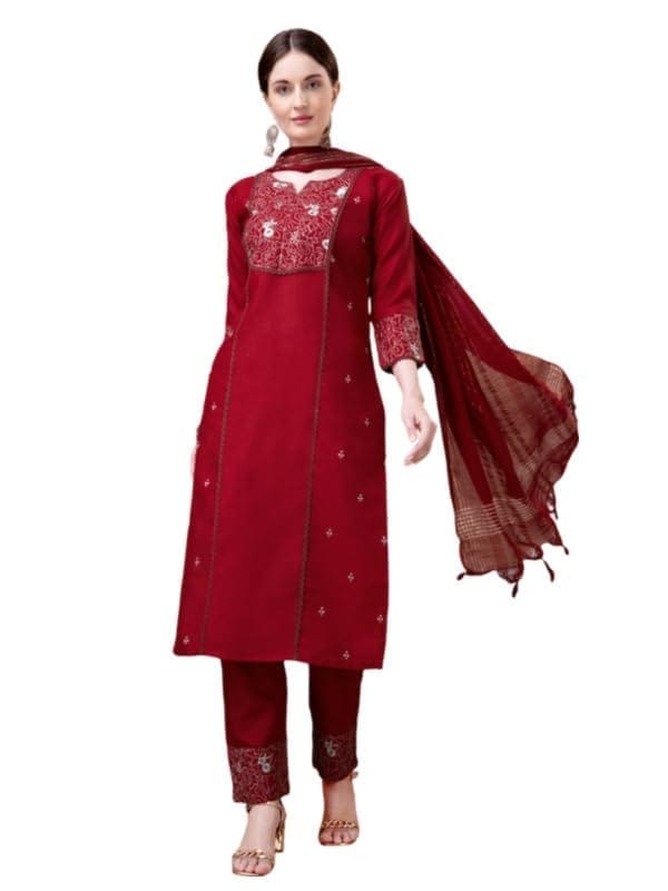Women's Casual 3-4 th Sleeve Embroidery Cotton Kurti Pant Dupatta Set (Maroon, S)-PID50238