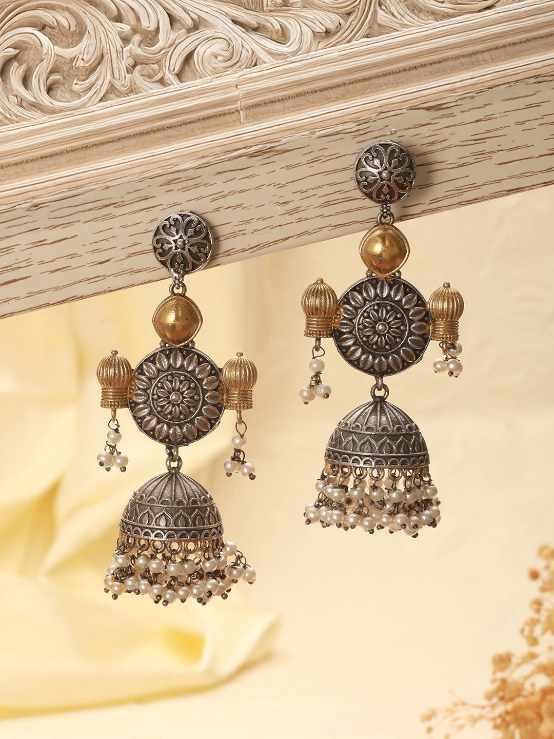 Silver Oxidised Dual Toned Dangler Fusion Lightweight Jhumka Earrings