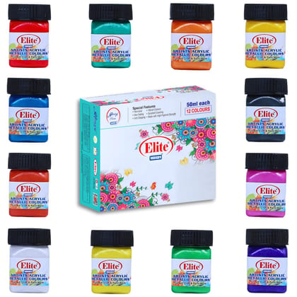 1001 Elite Artists Acrylic Metallic Colors Set | 12 Shades of 50ml Each | MultiSurface | Art Craft & Paint Work | Multicolours