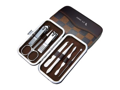 Dr Vaku  7 in 1 Nail Care Stainless Steel Tool Kit with Travel Case-Brown