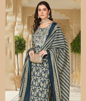 Vaamsi Women Rayon Printed Straight Kurti With Pants ( Navy Blue )