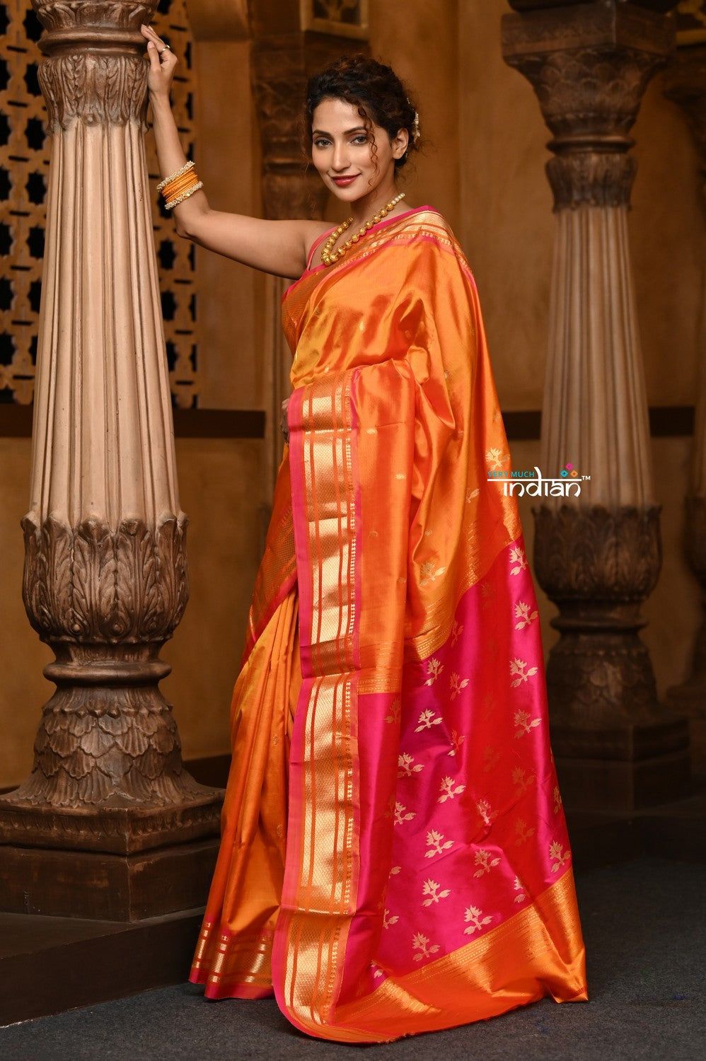 Parampara ~ Limited Edition Pure Silk Paithani with Asawali Pallu & Asawali Buttis in Exquisite Yellow with Pink Unique Pallu