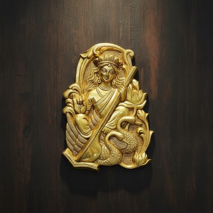 Brass Saraswati Ji Wall Hanging Plate | Maa Saraswati Wall Art | Goddess Saraswati Wall Decor, Height : 10.5 Inch (BSMAS1954 F)