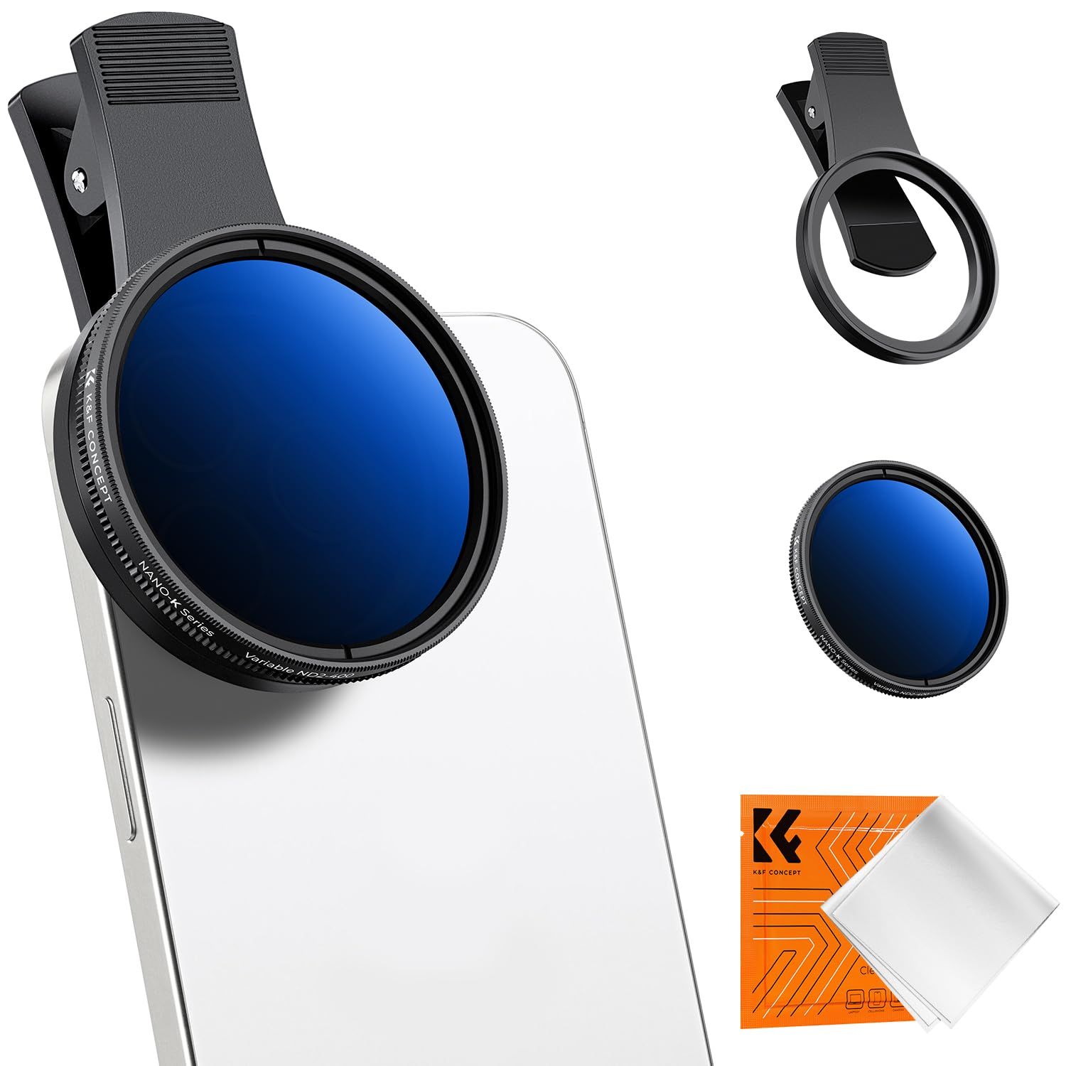 K&F Concept 52mm Clip-on ND2-400 Phone Camera Lens Filter Kit, Adjustable Neutral Density Filter Compatible with iPhone 15 14 13 12 11 black
