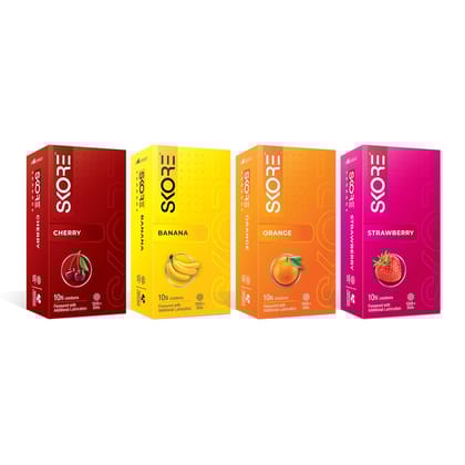 Skore Fruit Basket Condoms Combo | Flavoured - Orange, Banana, Cherry & Strawberry | Coloured) - 10 Pieces, Pack of 4