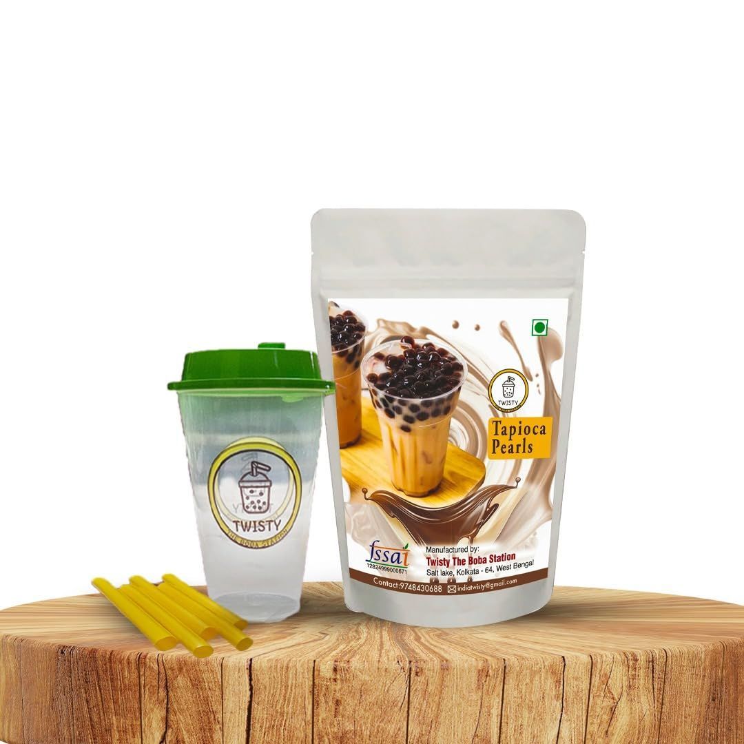 Tapioca Pearls Combo Kit | Boba Sipper Cup I Brown Sugar I 10 Straws (12 mm) | Popping Pearls For Boba Tea, Curd, Cold Coffee And More (1000 grams)