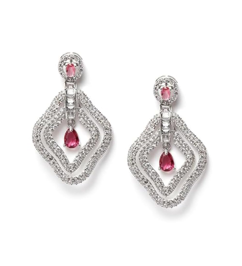 Generic Women's Brass Silver Plated Drop Earrings (Red)-PID66265