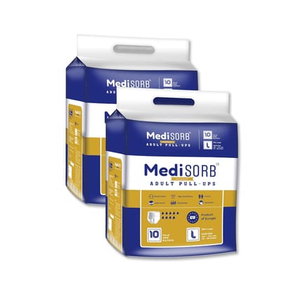 MediSORB Adult Diaper Pants | Large (L) |Waist 101-512 cm (40-60 inches) |High Absorbency -15 Hrs |Rash-Free |Leakproof |Breathable |Odourless |Elastic Waist |For Men & Women | 20 Units, Pack of 2