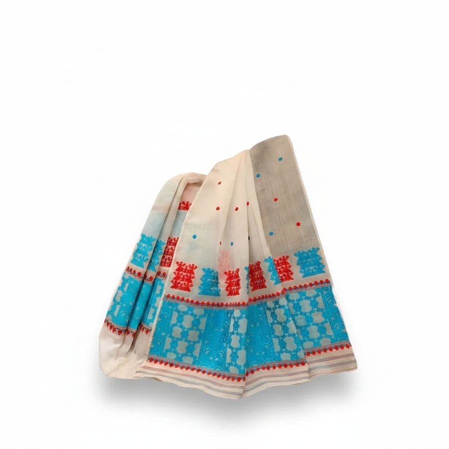 Traditional Off-White Saree with Blue and Red Border