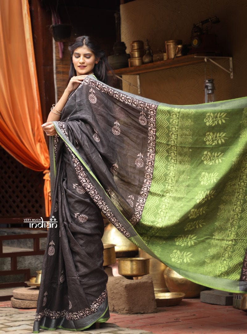 Utsaav ~ Pure Handmade Linen in Black with Hand Block Printing, Contrast Mehndi Green Pallu