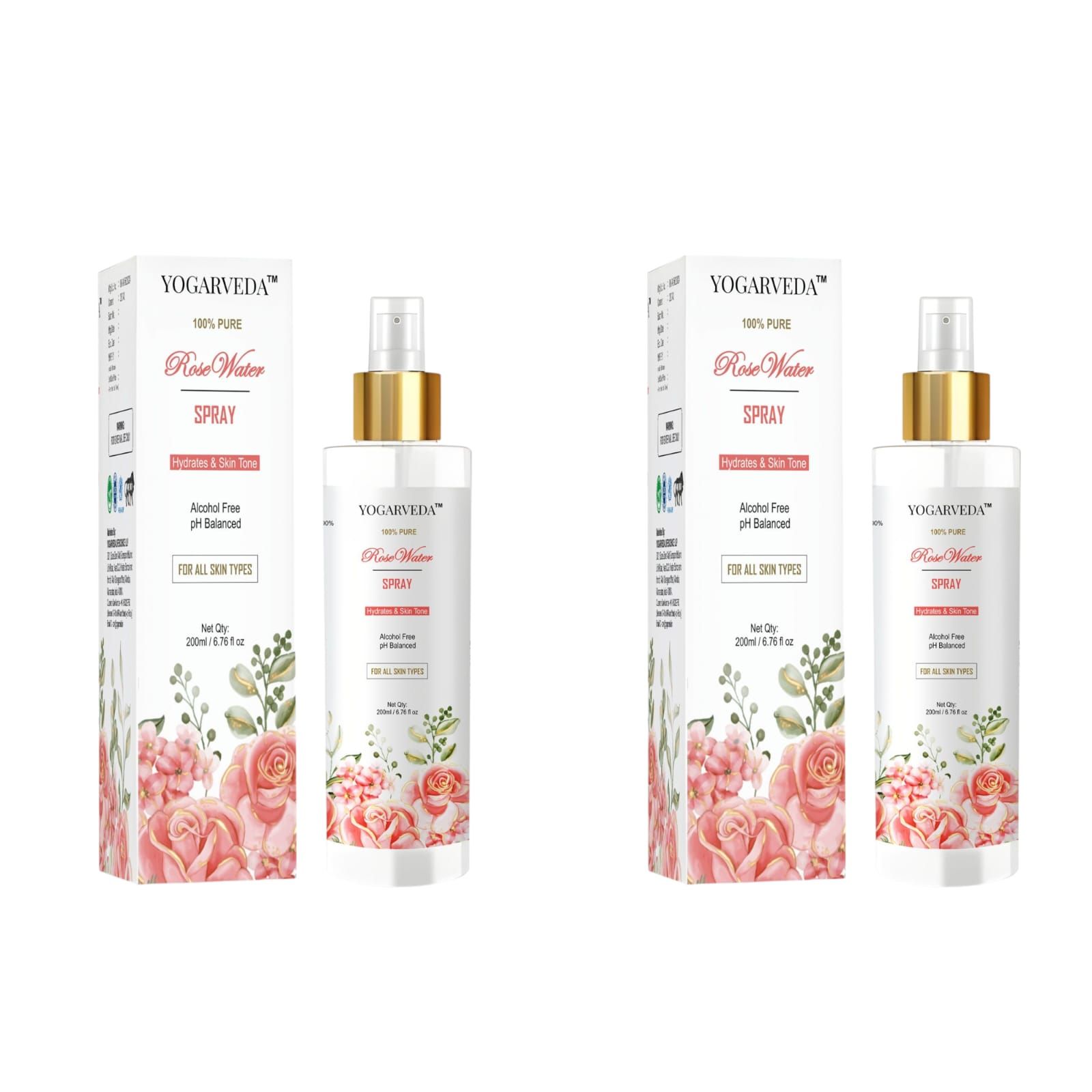 YOGARVEDA 100% Pure Rose Water Spray 2*200 ml | Alcohol-Free | pH Balanced Men & Women (400 ml)