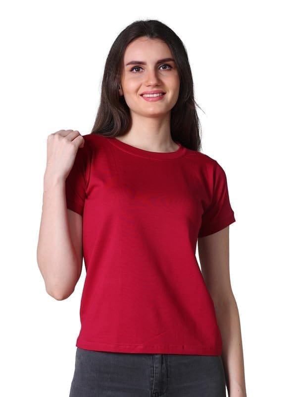 Women's Cotton Blended Solid Round Neck Half Sleeve T-Shirt (Maroon, M)-PID56323