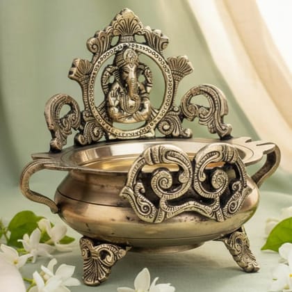 Sukh Sehaj Shree Ganesha Brass Urli | Brass Urli | Decor Vessel | Handcrafted, Antique Black Finish, 7.5 Inch, for Home Temple, Decor, Pooja Ritual and Gifting