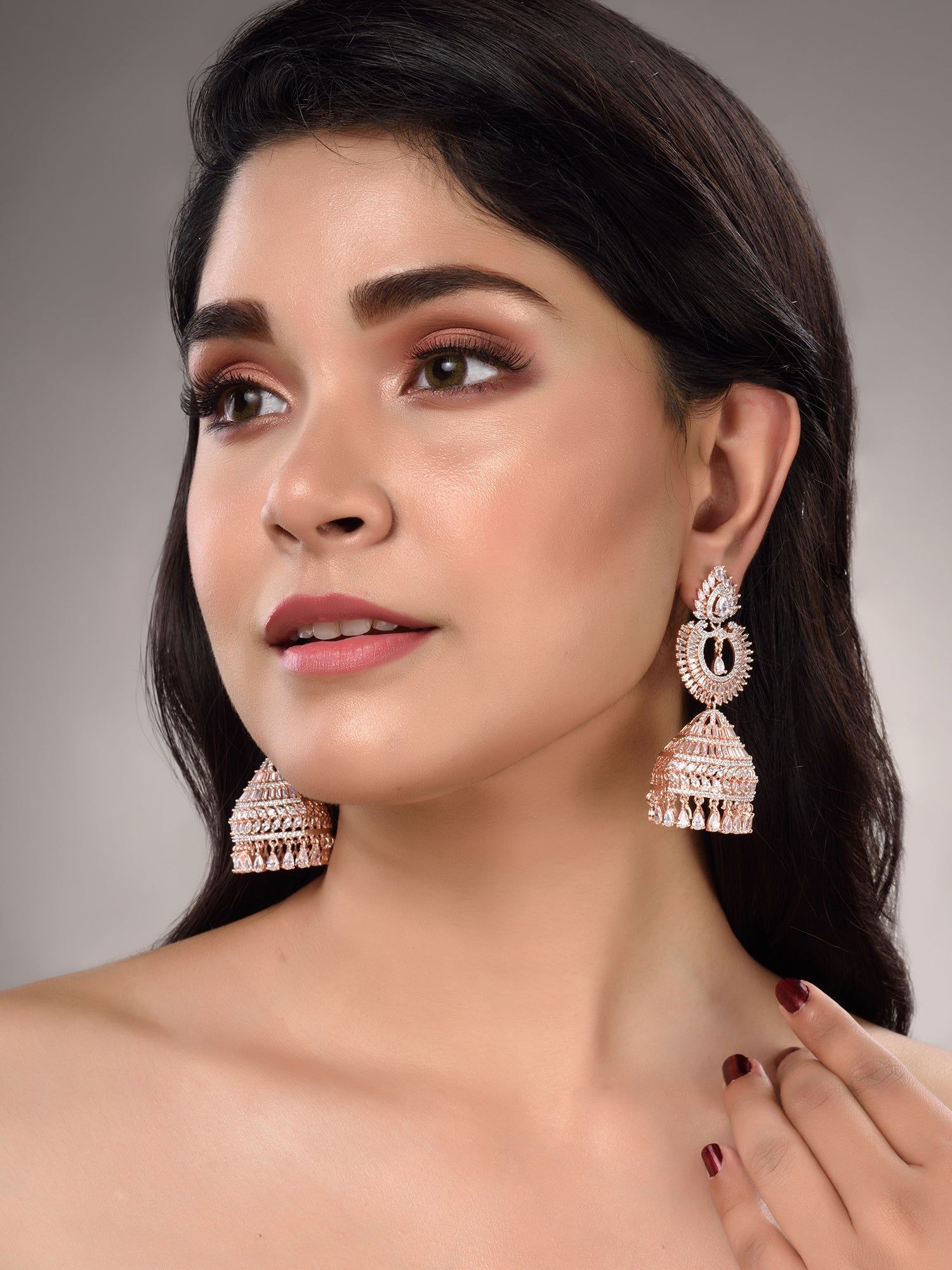 Rose Gold Plated White AD Studded Lightweight Jhumka Earrings