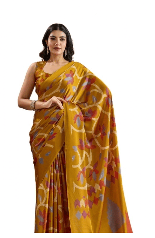 womens satin crepe printed saree with unstitched blouse 5mtr mustard pid65066