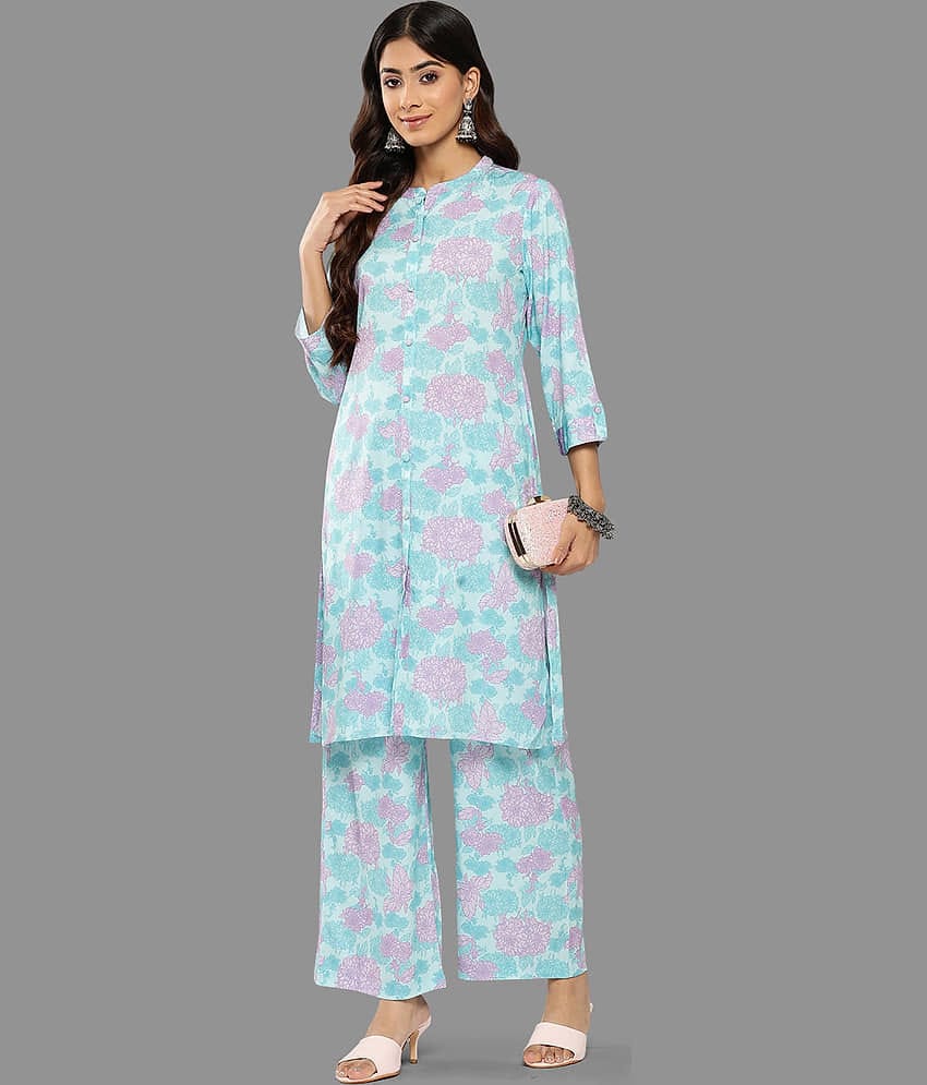 Janasya Women Printed Straight Kurti With Palazzo ( Blue )
