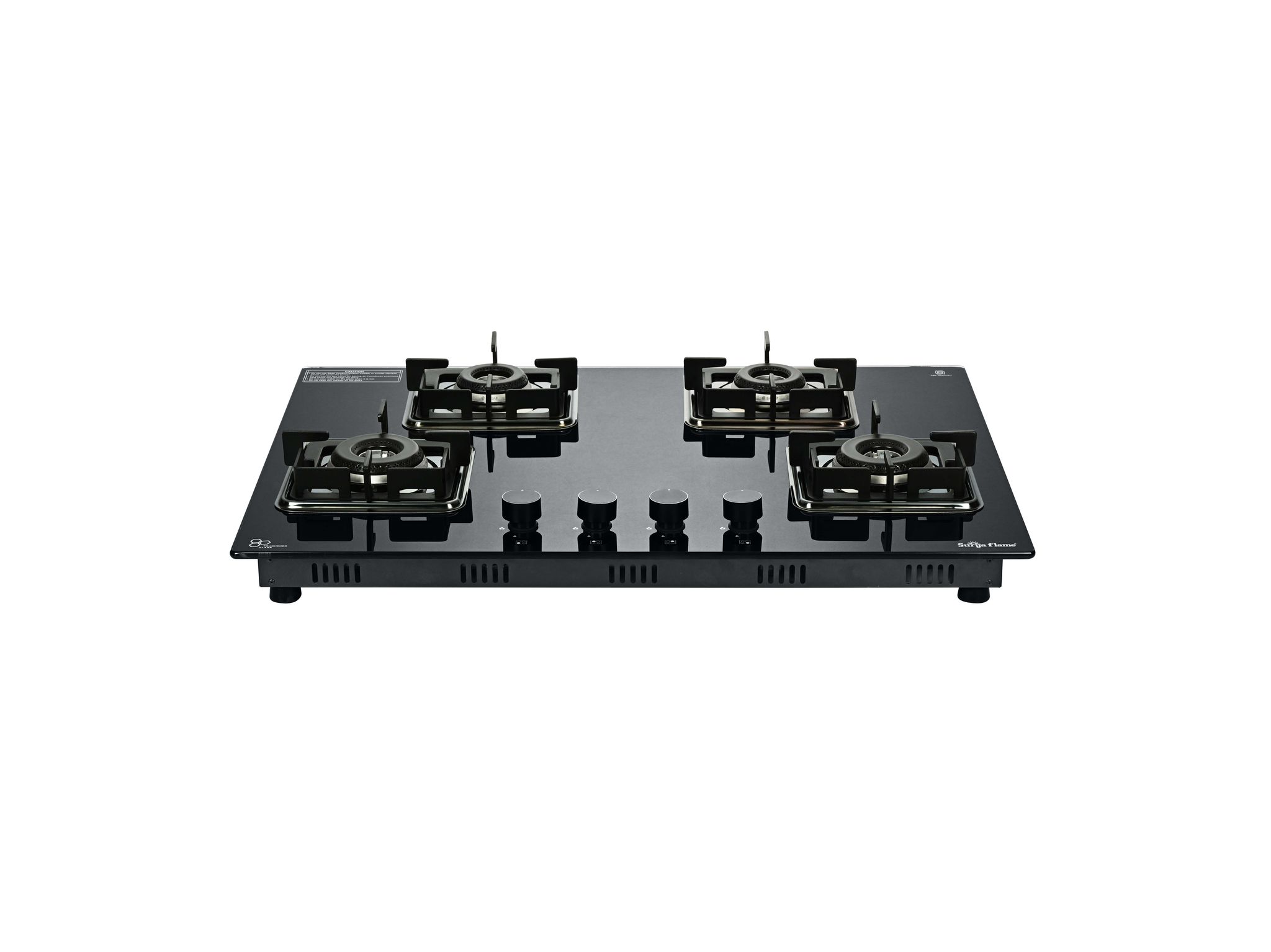 Surya Flame Galaxy Built-in Hob 4 Burner, Sabaf Italy Burners, MicroSwitch, Toughened 8mm Glass Top, Slim Profile, Metal Knobs & SS Drip Trays - Black