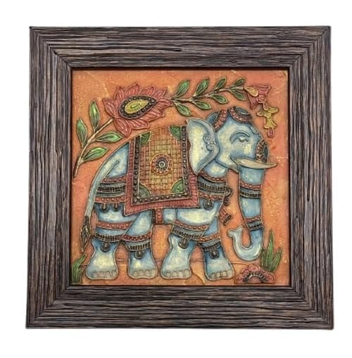 Framed Elephant Orange Wall Art, Decorative Relief Panel, Turquoise Background, Ornate Indian Design, Wooden Frame Size(20 * 20cm)