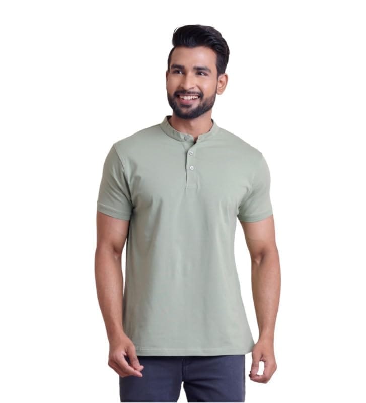 Men's Casual Cotton Solid Half Sleeve Mandarin Collar T-Shirt (Newsage, S)-PID57330