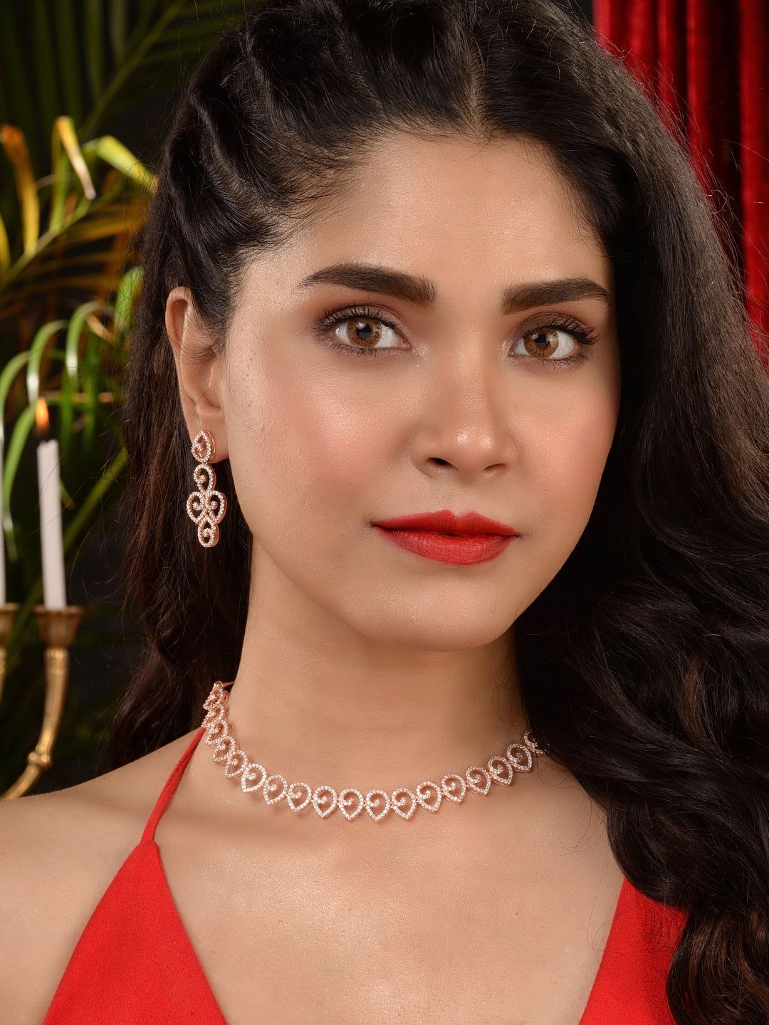 Rose Gold Plated AD Studded Minimal Necklace jewellery Set