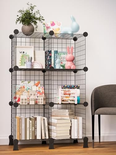 BOXJOY 6 Shelf Metal Grid Open Book Shelf & Showcase Rack for Living Room Display with Bottom Stand