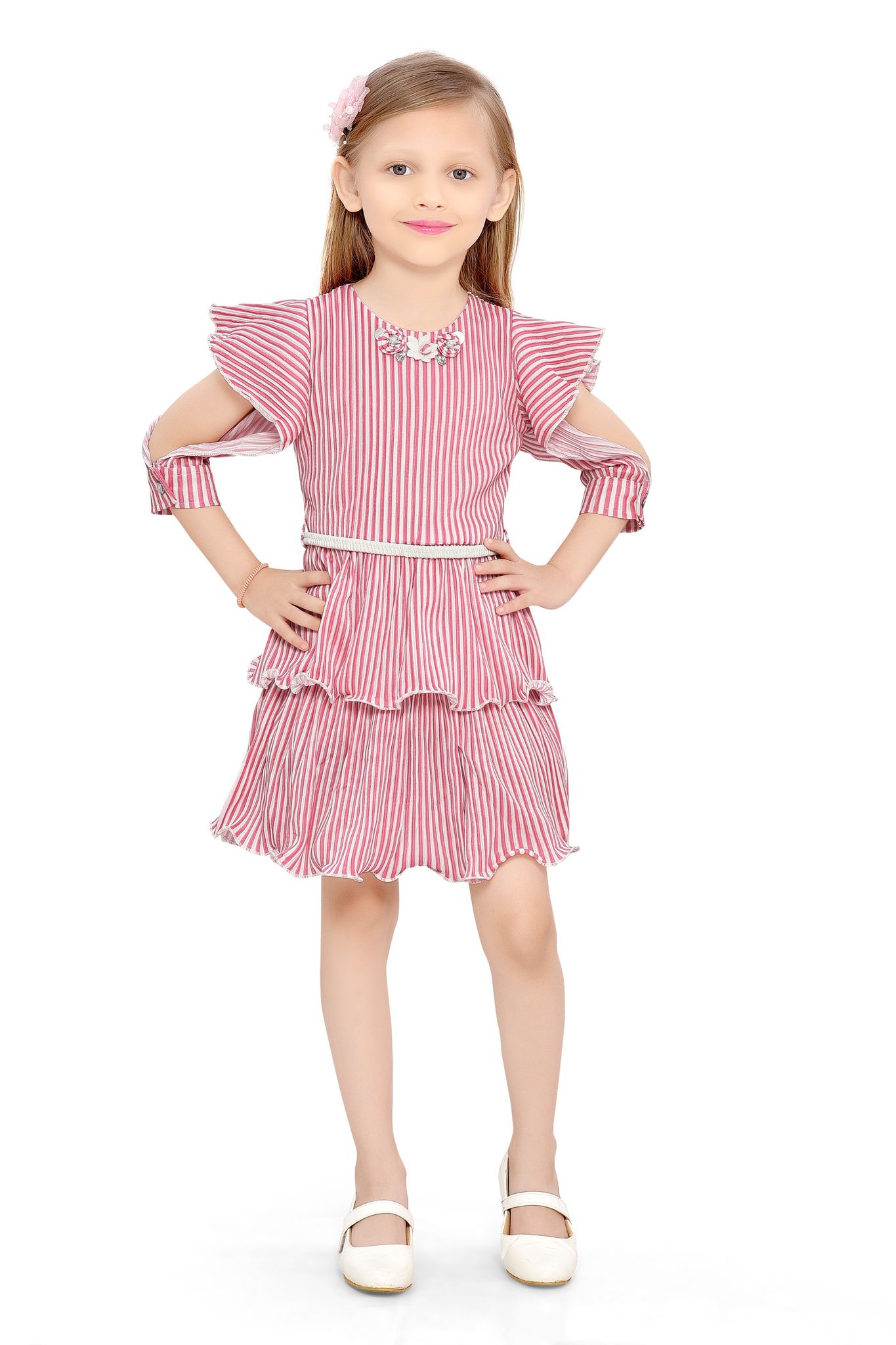 Be:Kids Girls' Playful Pink Striped Ruffle Dress with Sparkling Accents