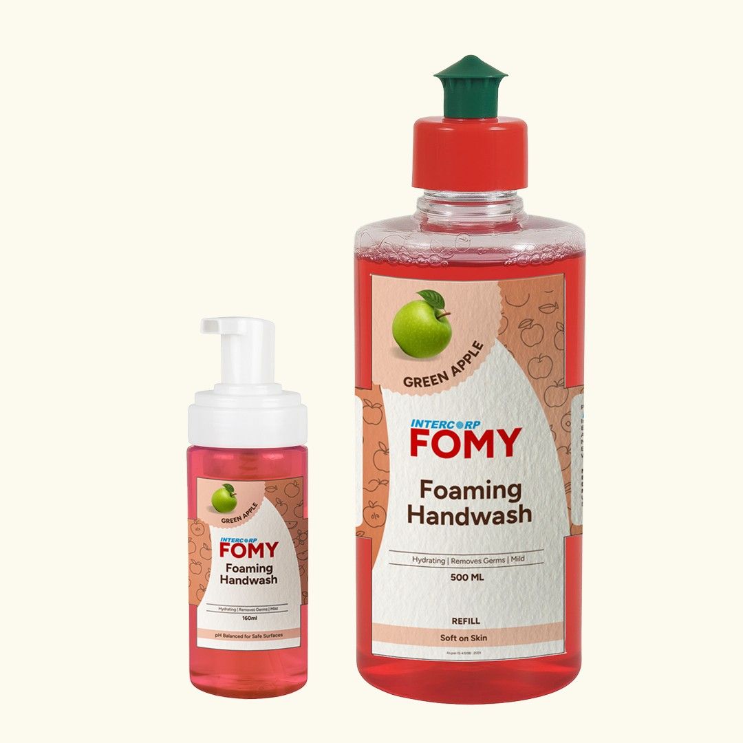 Intercorp Fomy Antibacterial Soft Refreshing Foaming Hand Wash Pump (160 ml) with Hand Wash Refill (500 ml) Set for Hand Protection (Green Apple), Combo Pack