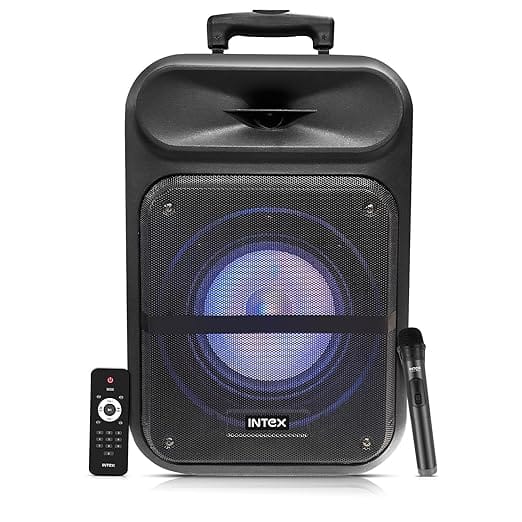 Intex Thriller 500 (S) Bluetooth Trolley Speaker | 50W Powerful Sound with Wireless Karaoke Mic | Upto 5 Hour | RGB Lights & LED Display | Recording Feature & Remote | Deep Bass Party Speaker (Black)