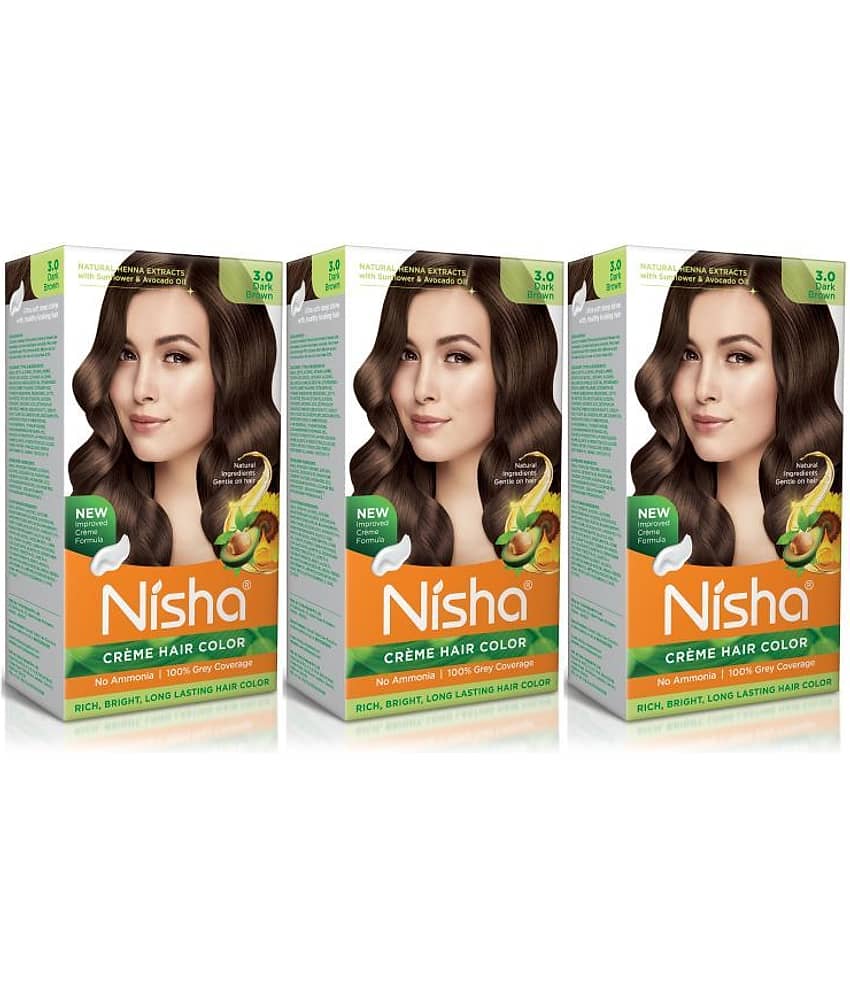 Nisha Creme Hair Color 3.0 Dark Brown 120g Pack of 3, Permanent Hair Colour for Women Men, No Ammonia 100% Grey Coverage