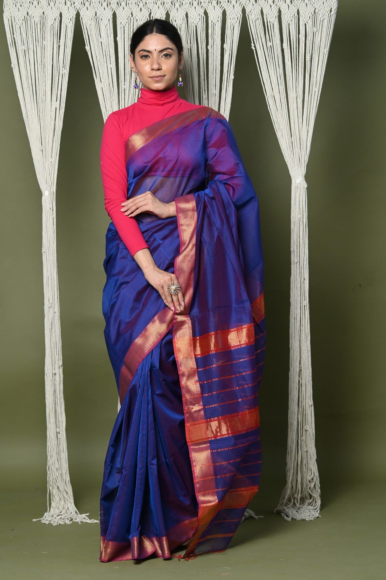 Handloom Cotton Silk Saree With Sleek Golden Border ~ Purple