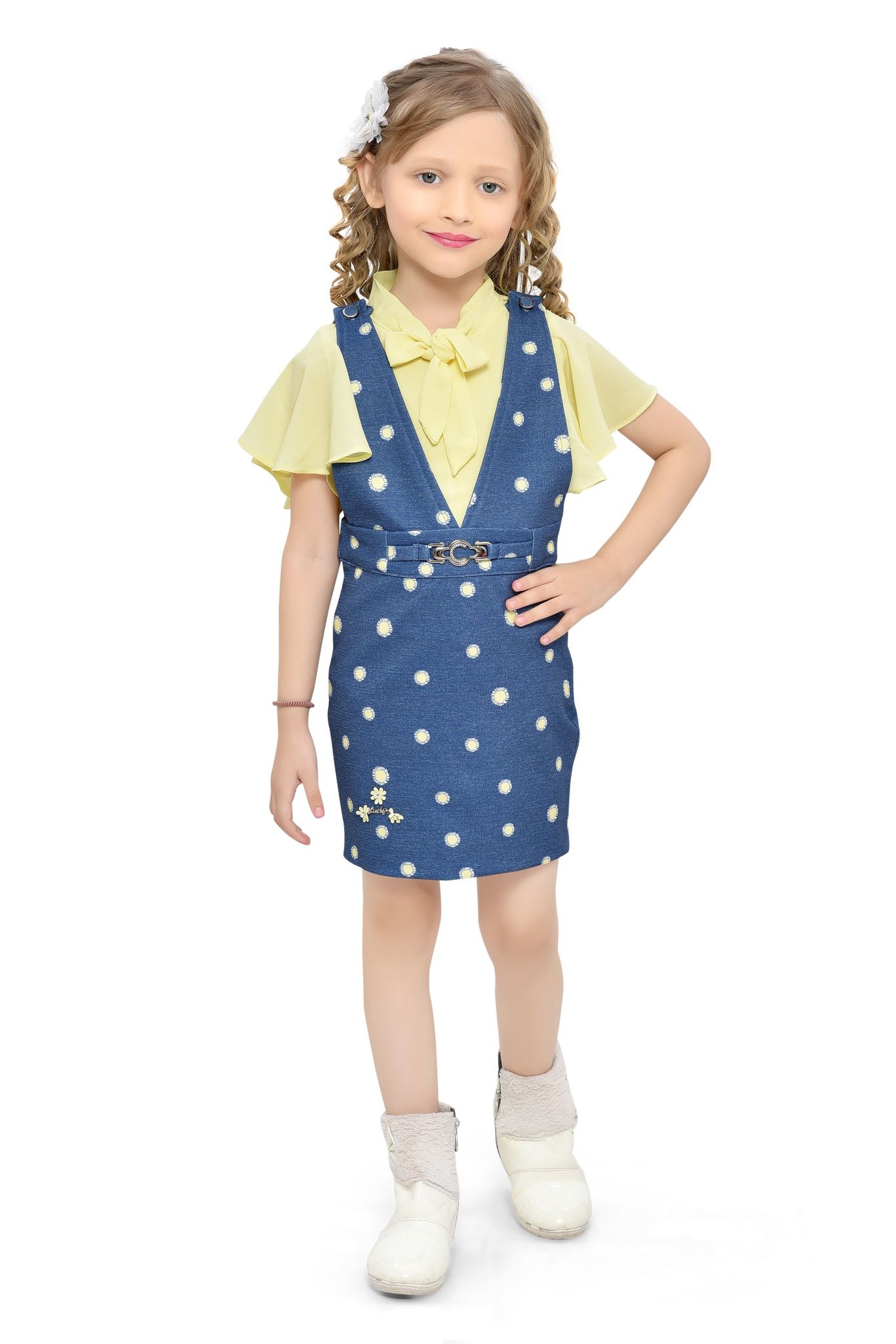 Be:Kids Yellow Enchanted Polka-Dot Pinafore and Ruffle Blouse Ensemble for Girls