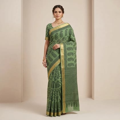 Green Cotton Paisley Print Golden Border Saree For Women