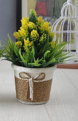 Foliyaj Artificial Plant Bush in Plastic Pot for Home Decor | Decoration Items for Living Room | Decorative Table Top Indoor Plants Bonsai for Office Desks & Counters (Plant with Yellow Buds)