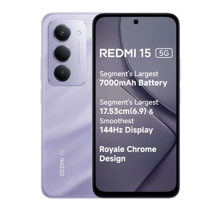Redmi 15 5G Sandy Purple 6GB + 128GB | Segment's Largest 7000mAhA Battery | Segment's Largest Display 17.53cm(6.9) Up to 144Hz | Snapdragon 6s Gen 3 | 18W Reverse Charging | 50MP AI Dual Camera