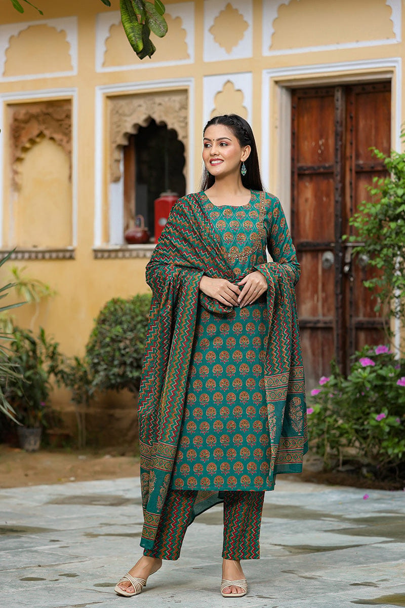 Teal Green Cotton Blend Straight Suit Set VKSKD1231