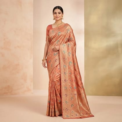 Peach Banarasi Satin Floral Zari Embroidered Saree For Women