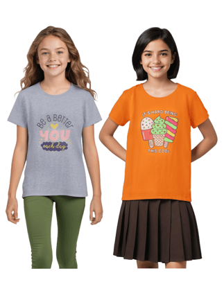 Girls T-Shirt Grey Heather Mélange / Vibrant Orange, Soft Cotton, Ages 7-14 (2pcs pack)