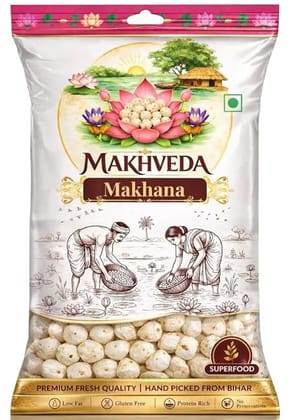 MAKHVEDA -  Makhana | Premium 5+ Suta Hand Picked Phool Makhana | Healthy Fasting Snack | Fox Nuts | Lotus Puffs | Desi Superfood ( 250g )
