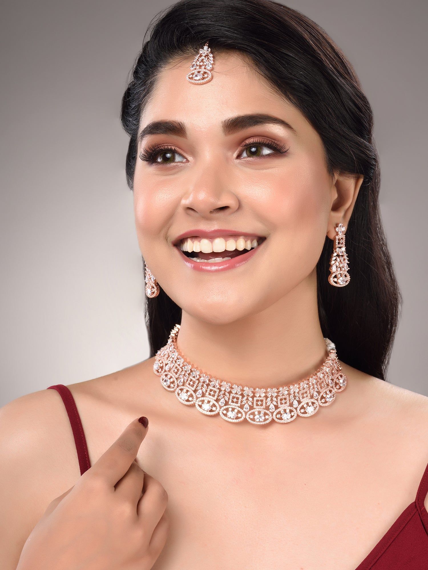 Rose Gold Plated White AD Studded Choker Dropdown Earrings Jewellery Set
