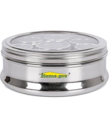 HomePro See Through Belly Masala Dabba, Stainless steel, 8 Small Container Air Tight 21.5 CM Diameter Pack of 1