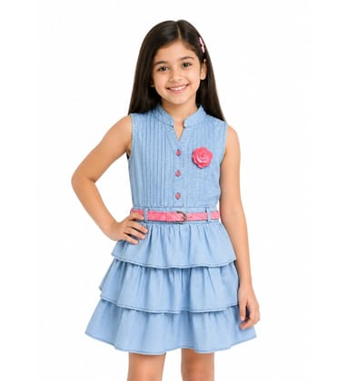 Girl's Denim Embellished Sleeveless Dress with Belt (Light Blue, 2-3-Yrs)-PID66009 Girl's Denim Embellished Sleeveless Dress with Belt (Light Blue, 2-3-Yrs)-PID66009