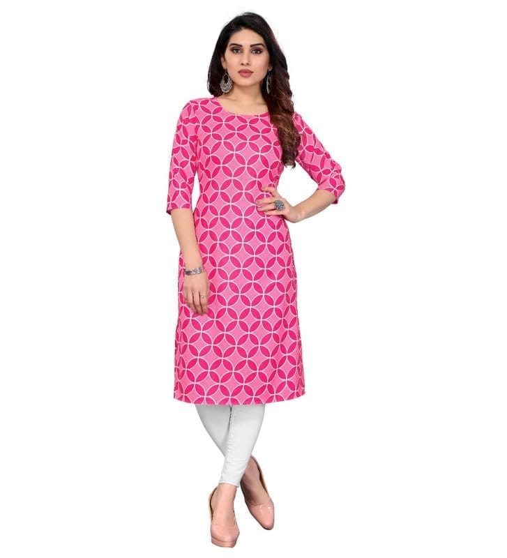 Women's Casual 3/4th Sleeve Printed Crepe Kurti (Pink, M)-PID46174