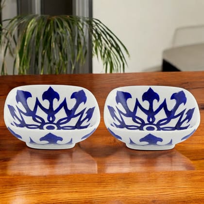 Set of 2 Floral and Geometric Pattern Blue Pottery BowlsWhite6